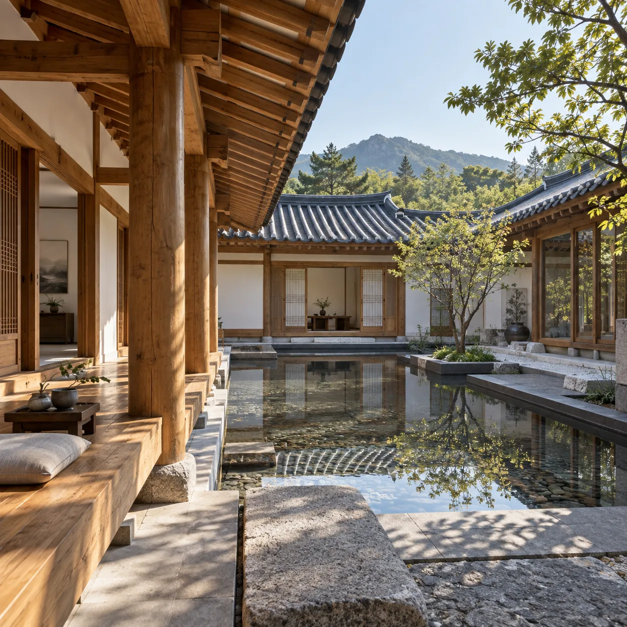Contemporary hanok courtyard · Layered depth