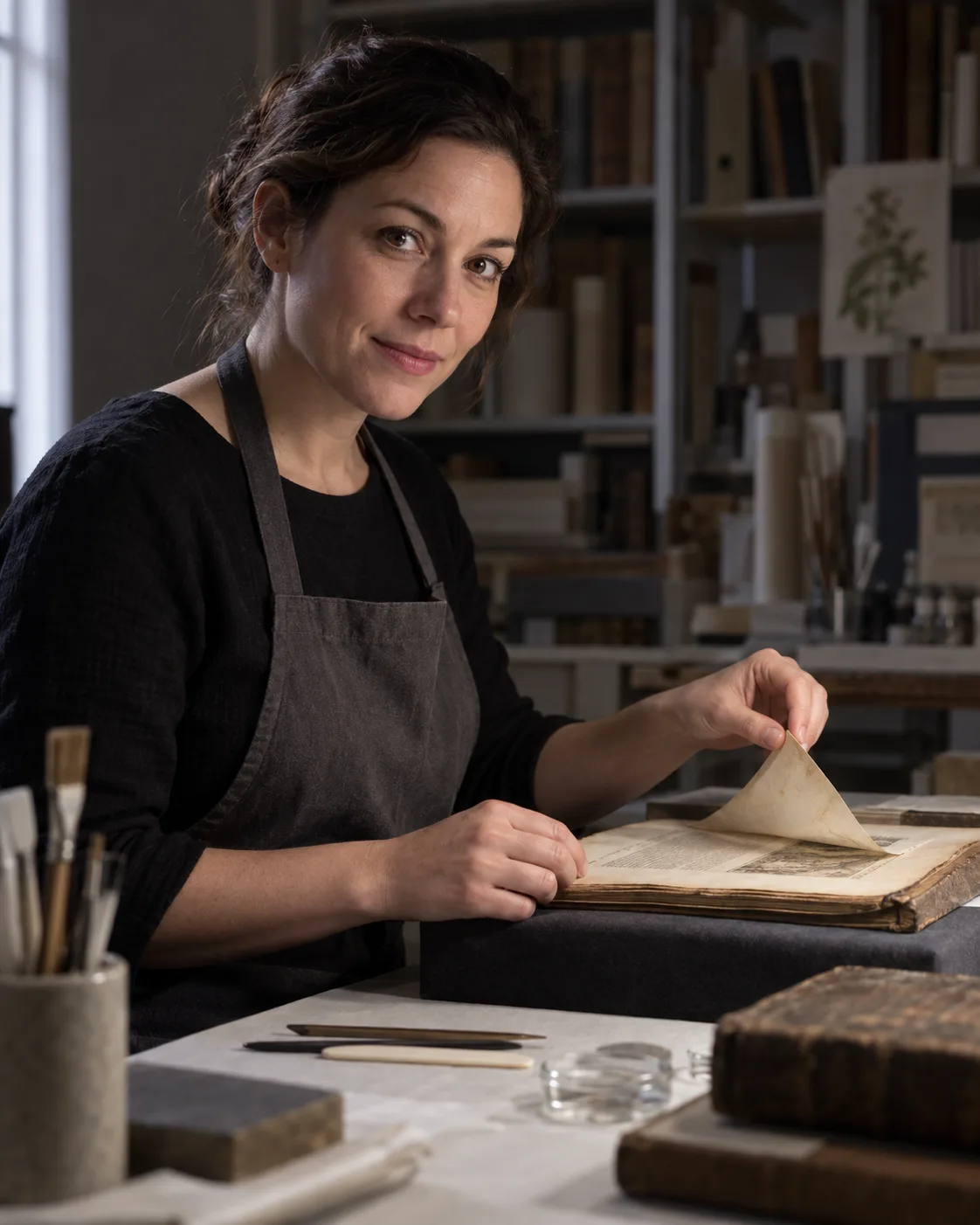 Book Conservator · Negative-Fill Portrait