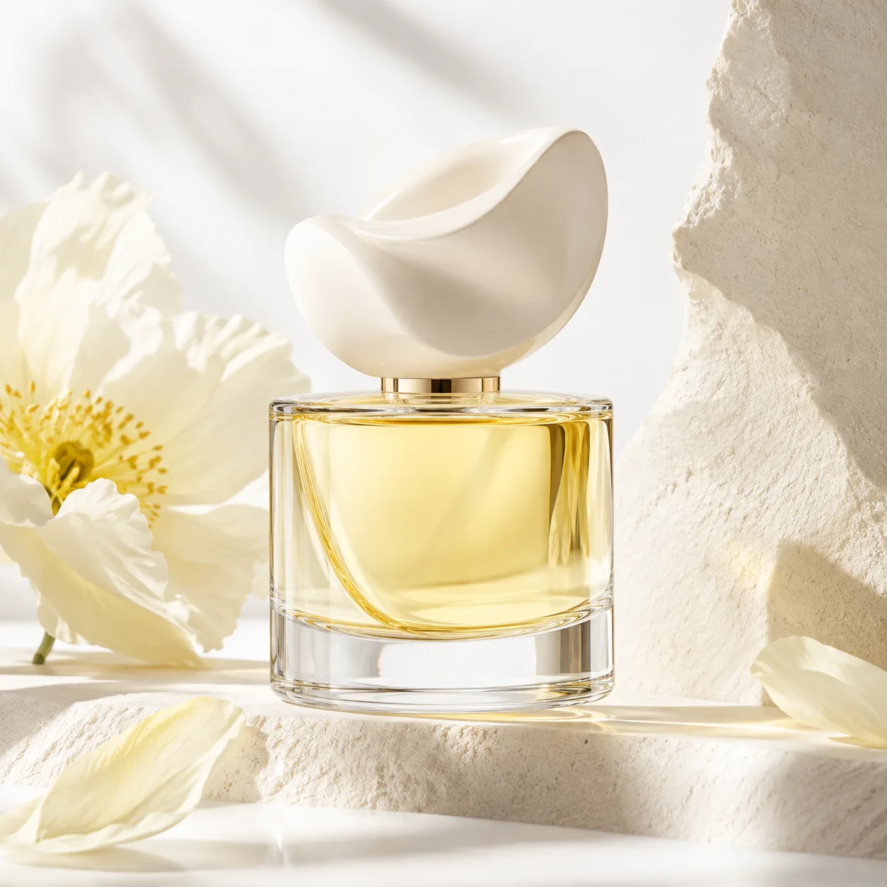 Perfume brand study · High-key editorial