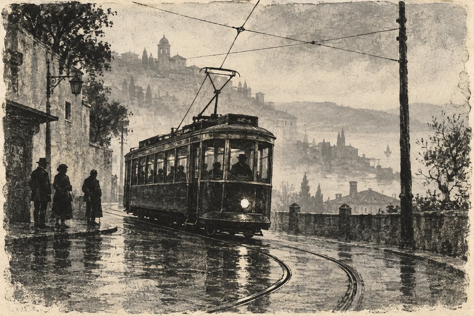 Morning Tram · Stone Lithography