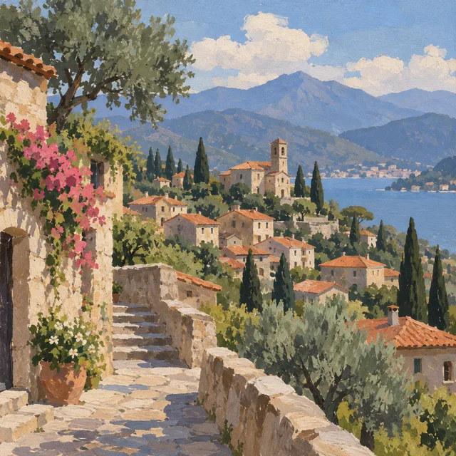 Opaque gouache village · Layered depth