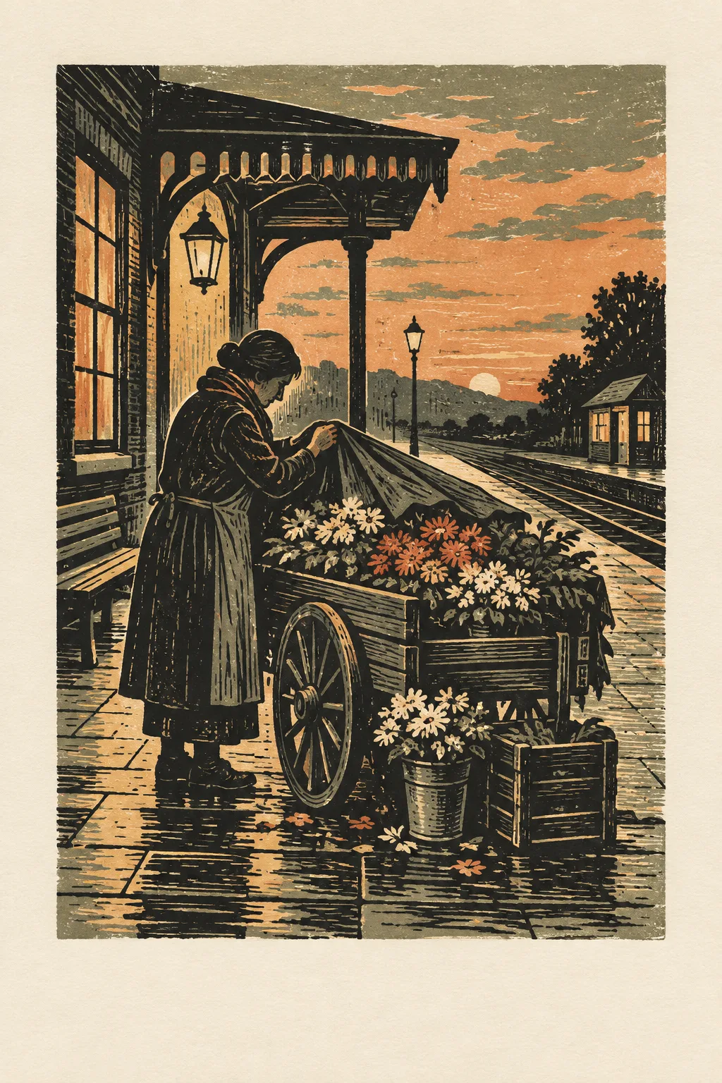Station Flower Cart · Reduction Linocut