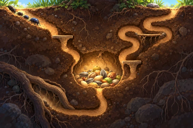 개미 식량고 · 경로 위계 게임 삽화